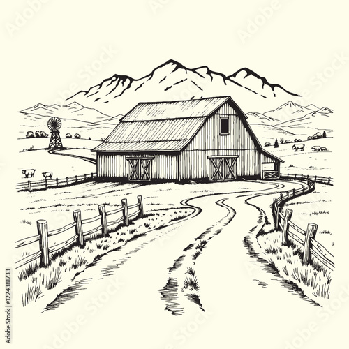 Hand-drawn farm ranch sketch line art illustration