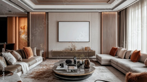 Contemporary living room with neutral tones and a blank picture frame awaiting artwork or a photograph