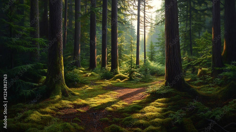 Fototapeta premium Sunlit Path Through a Mossy Forest