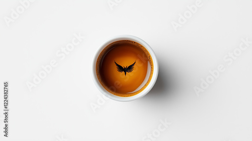 Minimalist espresso cup with artistic black wing design in coffee foam  
 photo