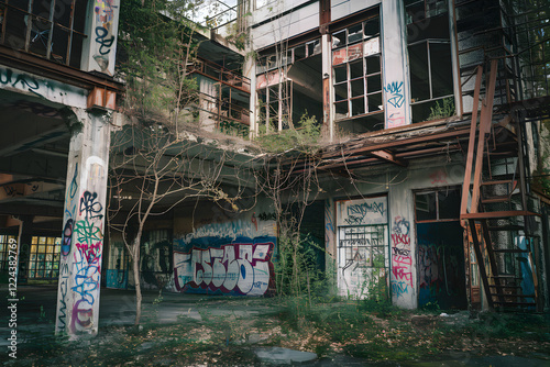 Abandoned industrial building with graffiti and overgrown vegetation is decaying photo