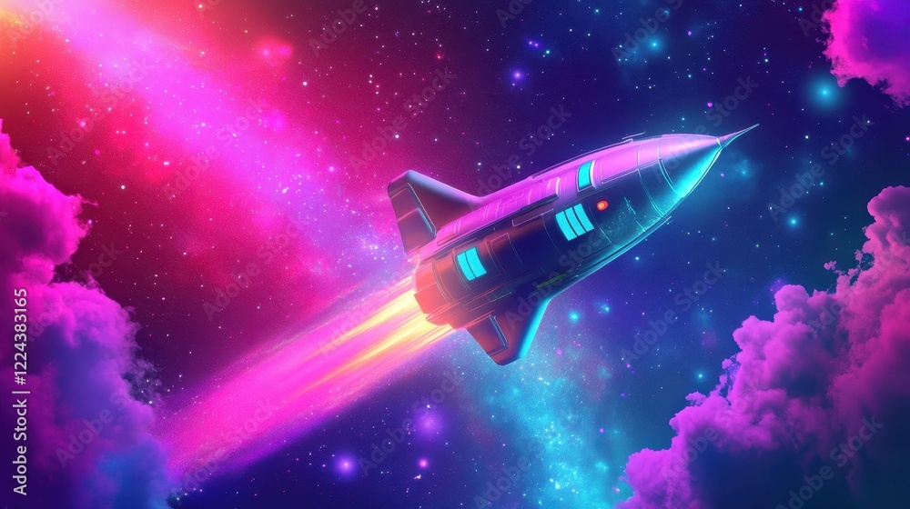 Fototapeta premium Retro Rocket Soaring Through Vibrant Cosmic Clouds