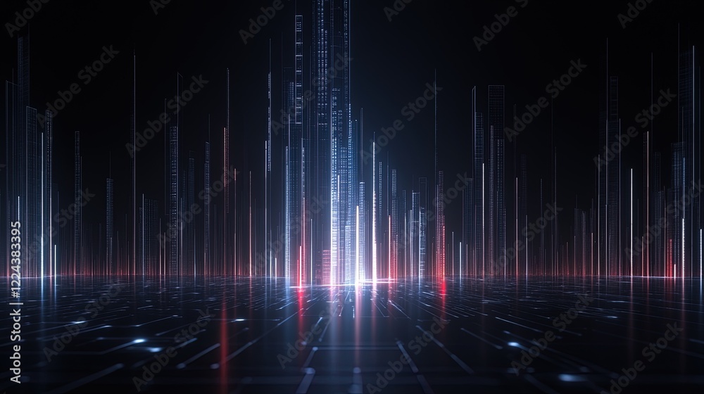 High-tech glowing bar chart with animated data flows, dark sleek background High-tech glowing bar chart with animated data flows, dark sleek background