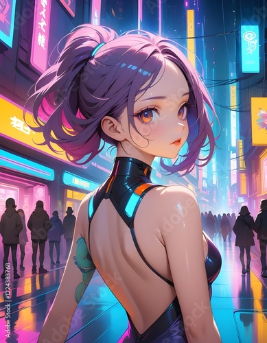 Hyper realistic beautiful anime girl with purple hair in a futuristic cyberpunk city scene, wet streets, bubbles, whimsical look, neon glowing, dreamy, sci-fi fantasy glamour, night club