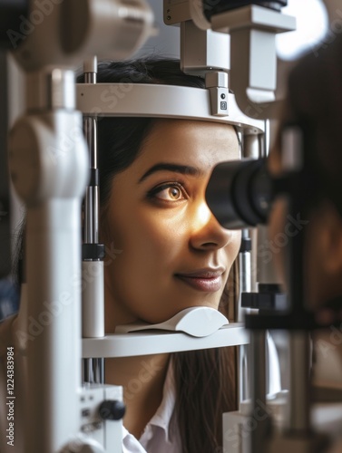 Woman receiving detailed eye examination with advanced diagnostic technology