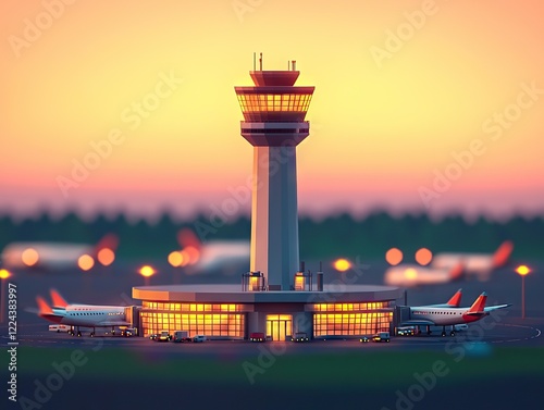 Air traffic control tower at sunset airport runway architectural photography urban environment wide angle view photo