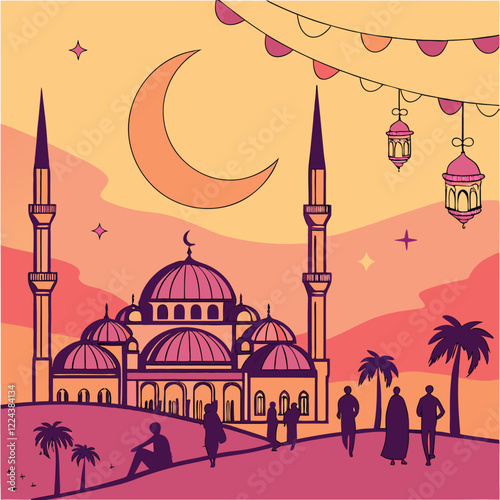 Create a vibrant Ramadan scene featuring a crescent moon, lanterns, and a mosque at sunset