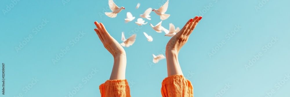 Fototapeta premium Contemporary Aesthetic Hands Release Paper Doves in Blue Sky - Charity Branding and Event Promotion, Promoting Peace and Unity through Symbolic Imagery, Marketing Relevance