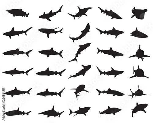 Black silhouettes of sharks on a white background