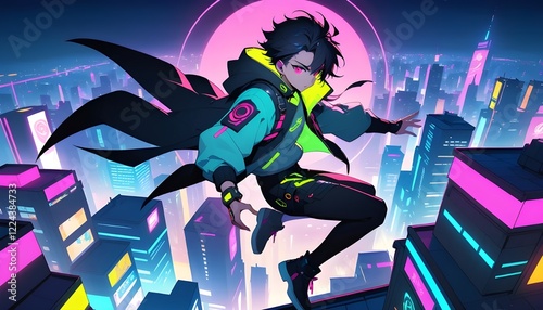 Cyberpunk anime young man levitating above neon-lit city rooftops at night, teen, fantasy, gaming, sci-fi, fly


