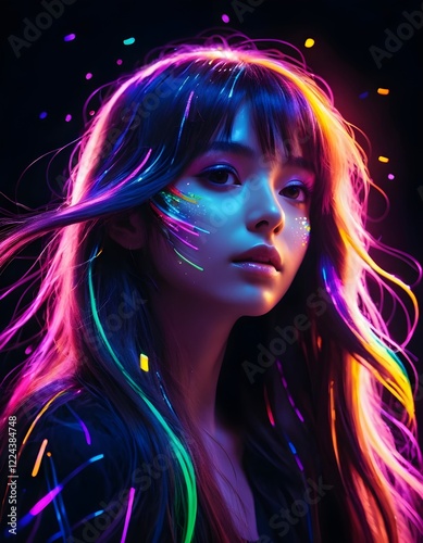 Beautiful girl in dark with neon shimmers and sparkly vibrant multi-color motifs, disco, music, DJ, long hair with rainbow neon streaks


