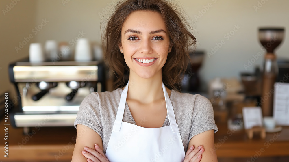 Waitress bartender smiling at coffee shop counter
Waitress bartender smiling at coffee shop counter