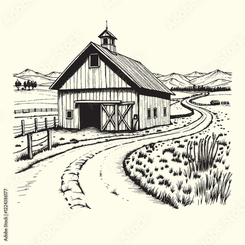 Hand-drawn farm ranch sketch line art illustration