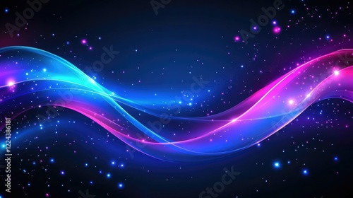 Abstract glowing waves of blue and pink light with hints of purple, flowing gracefully on a dark backdrop sprinkled with tiny stars.