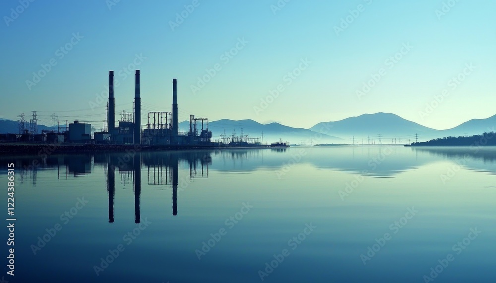 coastal power plant with its reflection shimmering in the calm waters, under a bright blue sky, with stunning mountains providing a dramatic backdrop coastal power plant with its reflection shimmering in the calm waters, under a bright blue sky, with stunning mountains providing a dramatic backdrop