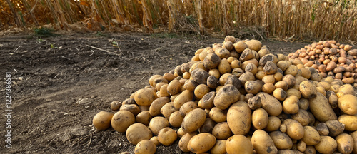 Obraz na płótnie Rotten, damaged, spoiled potatoes, unhealthy vegetables. Sick, disease, late blight. Rotten harvest. Crop failure. Tuber affected by bacterial decay. Helminthosporium solani. w salonie