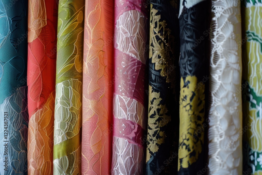 Vibrant Assorted Fabric Bolts Displayed in Soft Indoor Lighting Vibrant Assorted Fabric Bolts Displayed in Soft Indoor Lighting
