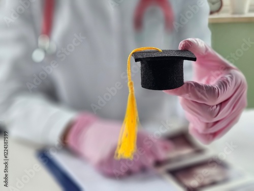 Graduation cap in hand of doctor, medical education course degree