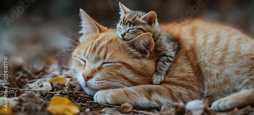 adorable cat sleeping with kitten resting on its head. animal parenthood, motherhood, fatherhood, mother’s day, father’s day, caring, adopt a pet, cute animals