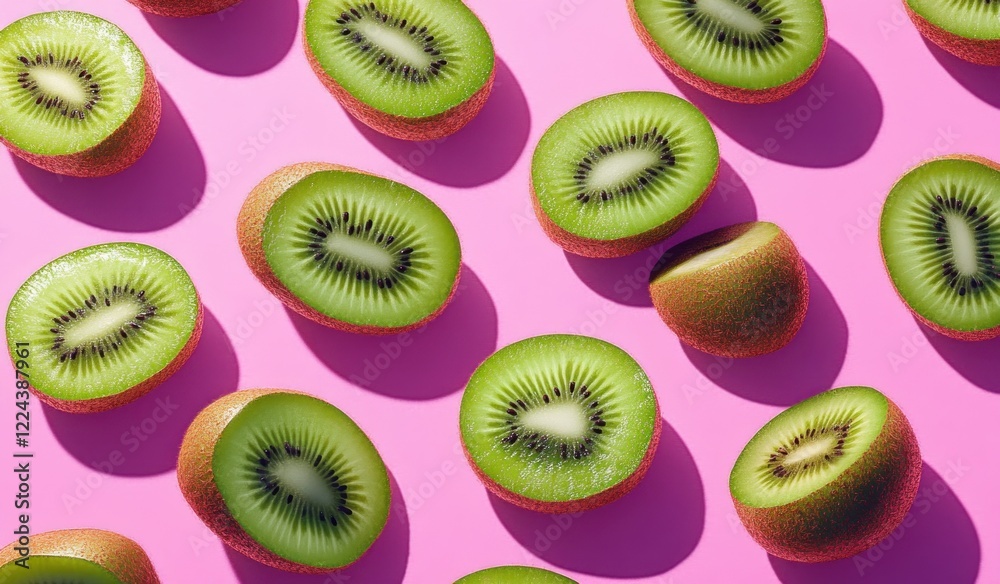 Fototapeta premium Vibrant Still Life of Kiwi Fruits in Bold Colors with Whole and Sliced Kiwi Against Pink Background