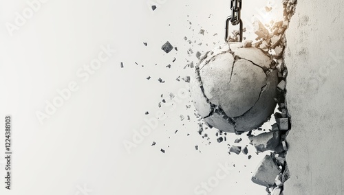 Crumbling concrete wall smashed by wrecking ball.
