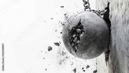 Wrecking ball smashing concrete wall, debris flying.
