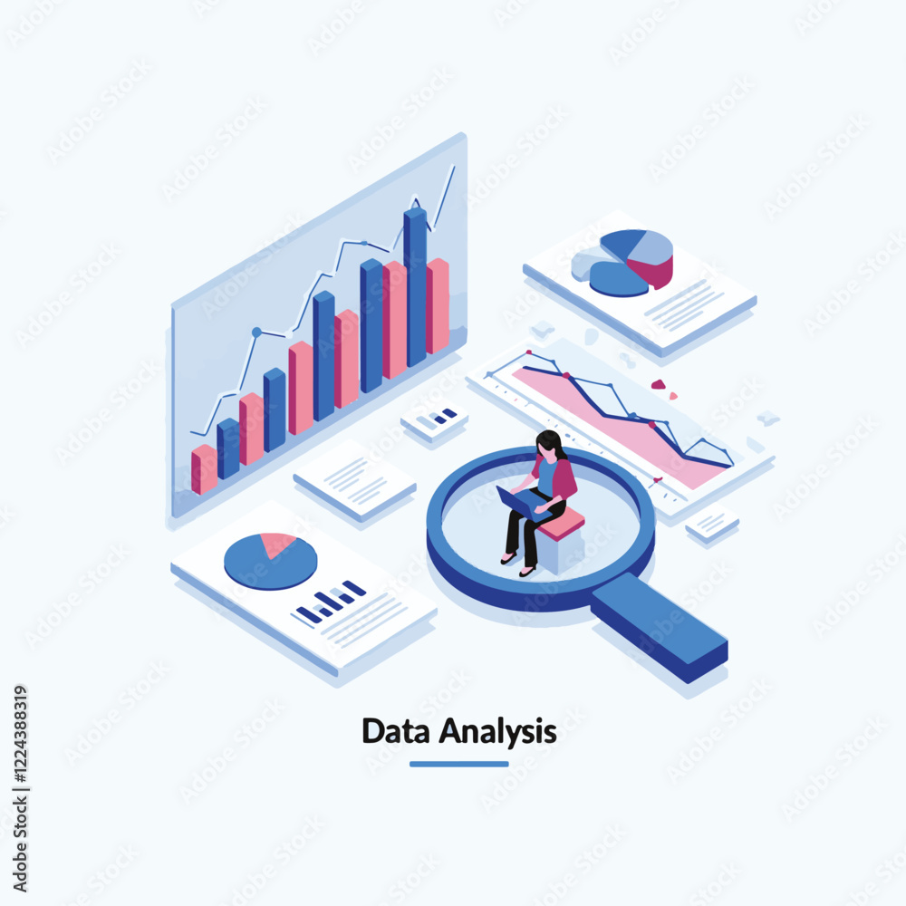Data analysis isometric concept. Women sitting on magnifying glass and working on laptop computer with data analysis. 05