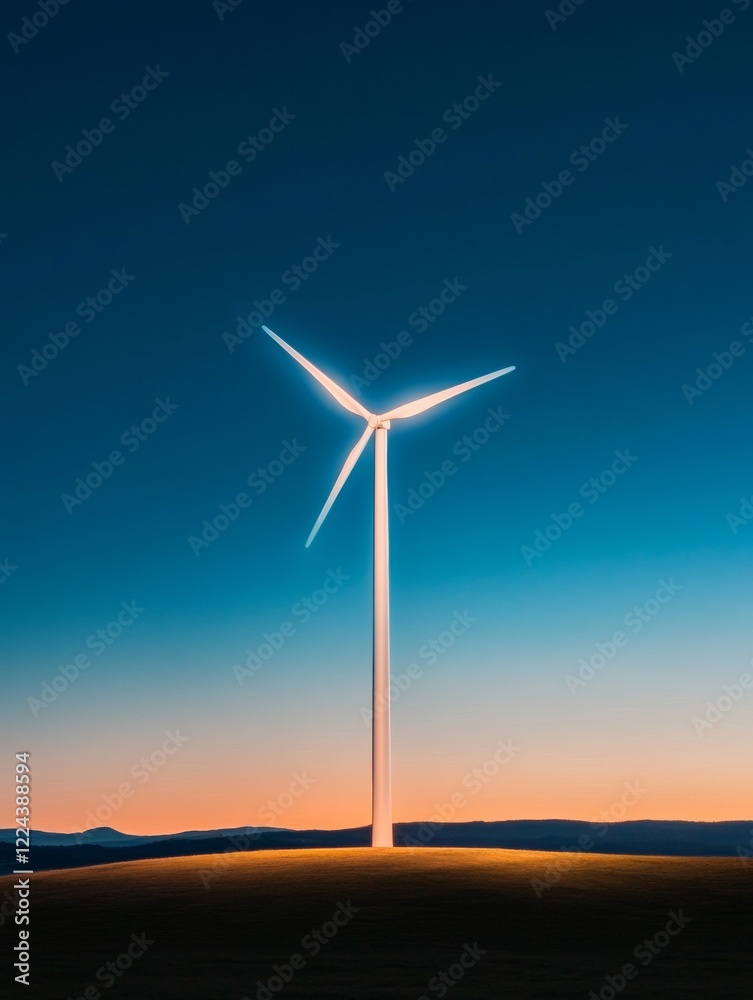 Fototapeta premium Minimalist Wind Turbine Silhouette at Dusk Clean Energy and Urban Growth - Sustainable Cityscape Promotion for Green Infrastructure and Eco-conscious Development