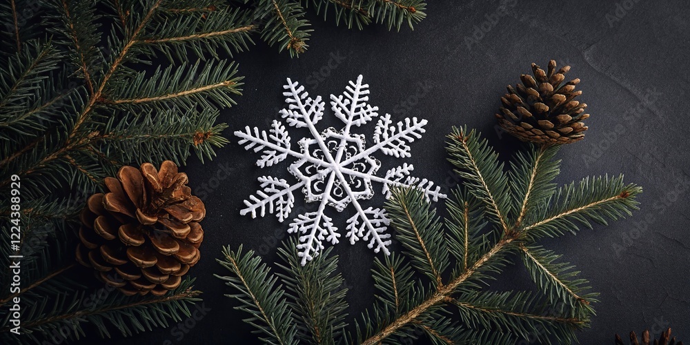 Naklejka premium Aerial View: Snowflake, Fir Branches & Pine Cones on Dark Winter Background