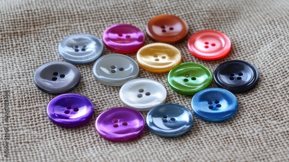 A mixture of shiny multi-colored buttons laid out on a fabric, offering an assortment of hues against a plain backdrop.