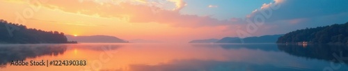 Softly glowing orange hues blend with serene blue skies at a tranquil lake, orange, landscape, nature