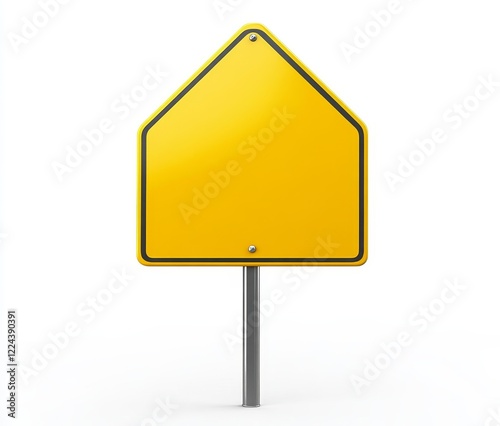 Blank yellow pentagon road sign on post.