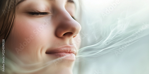 A close-up portrait of a relaxed woman with closed eyes, as a gentle flow of air moves around her, symbolizing breath and tranquility.  