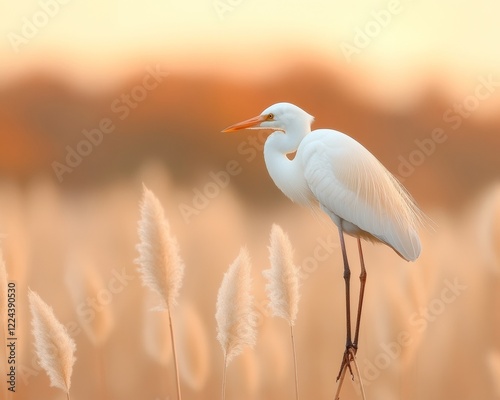 Pastel Eco Harmony Heron Amidst Swaying Reeds at Sunrise - Nature Conservation and Sustainable Design for Eco-Tourism and Wildlife Preservation Marketing photo