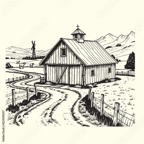 Hand-drawn farm ranch sketch line art illustration