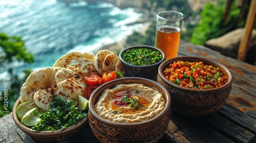 Enjoying Lebanese mezze and arak with a view of Beirut's beautiful coastline photo