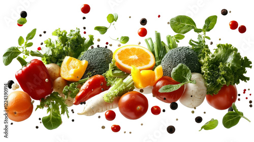 Fototapeta Naklejka Na Ścianę i Meble -  [Transparent Background PNG]Colorful Fresh Vegetables and Fruits in Motion