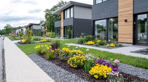 Modern homes, landscaped street, suburban neighborhood, summer