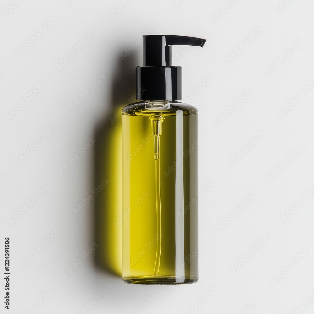 Fototapeta premium Frosted glass body oil bottle with golden-yellow oil and black pump. Luxury skincare with a clear frosted glass bottle showcasing warm golden oil and a modern black pump design.