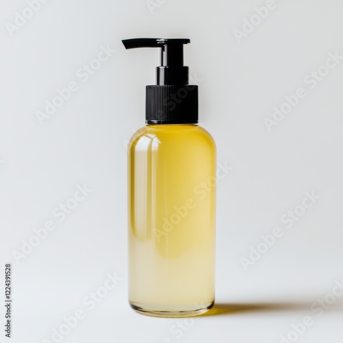 Wallpaper Mural Frosted glass body oil bottle with golden-yellow oil and black pump. Luxury skincare with a clear frosted glass bottle showcasing warm golden oil and a modern black pump design. Torontodigital.ca