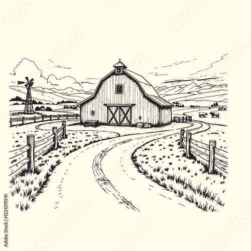 Hand-drawn farm ranch sketch line art illustration