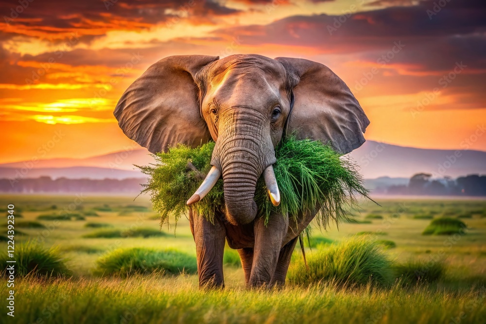 Fototapeta premium African Elephant Gently Carrying Grass in Trunk - Wildlife Conservation Image
