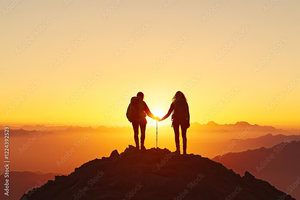 Couple holding hands on mountain peak at sunset, surrounded by distant peaks and vibrant sky colors Couple holding hands on mountain peak at sunset, surrounded by distant peaks and vibrant sky colors