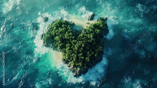 Tropical island with a dense green forest, gently sloping beaches, and crystal-clear blue sea surrounding it.