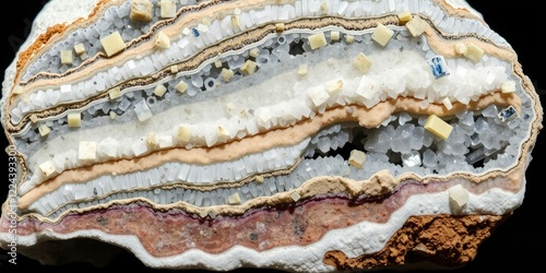 Geological specimen of pegmatite showing distinct crystal layers and mineral composition, geology, petrology, geological sample