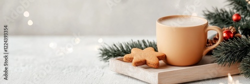 Hygge Beverage Display Rustic Wooden Tray with Steaming Seasonal Mug and Gingerbread - Cozy Winter Content and Hospitality Marketing for Modern Lifestyle Appeal photo