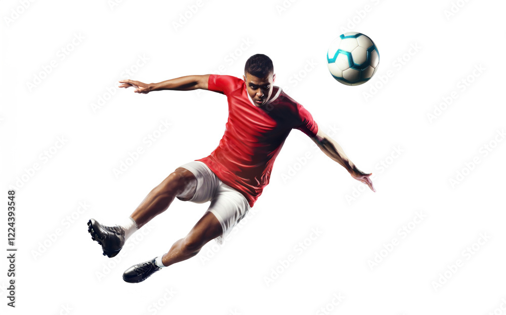Fototapeta premium Football Player Strikes Ball in Midair Against a Clean Background