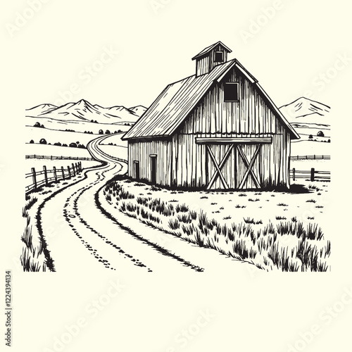 Hand-drawn farm ranch sketch line art illustration