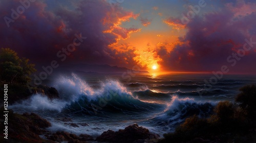 Fiery Sunset Over Dramatic Ocean Waves