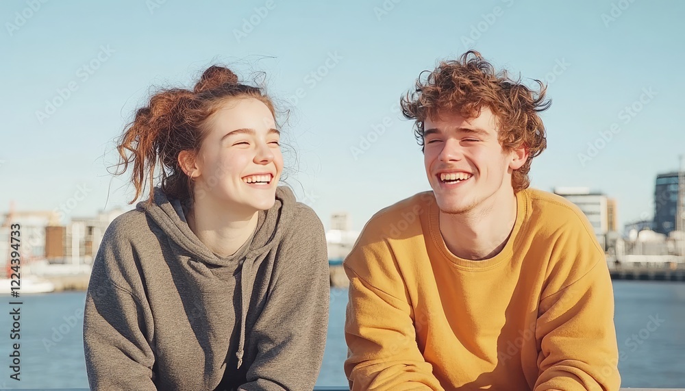 Two young adults enjoying a sunny day by the waterfront, laughing and sharing a joyful moment together Two young adults enjoying a sunny day by the waterfront, laughing and sharing a joyful moment together
